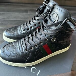 Gucci Black Leather High-Tops with Red and Green Stripes